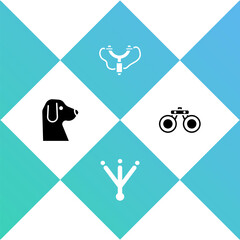 Set Dog, Bird footprint, Slingshot and Binoculars icon. Vector.