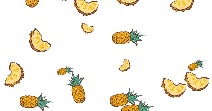 Animated background pineapple with moving slices of pineapple. doodle fruit background on white background decorative, abstract pattern animation. video. Cover design. stock footage 4k