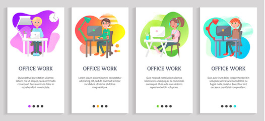 Office work of company programmers vector, employee of sitting at working place wearing headphones, drinking beverage and working on project. Website or slider app, landing page flat style