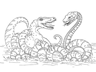 Coloring. Monsters. Dinosaur fight.
Children's coloring. Prehistoric landscape. Beautiful picture for coloring. Jurassic Park. children's rest.