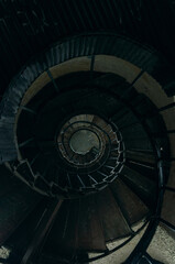 Old Vintage Spiral Staircase In Abandoned Mansion House. Top View.
