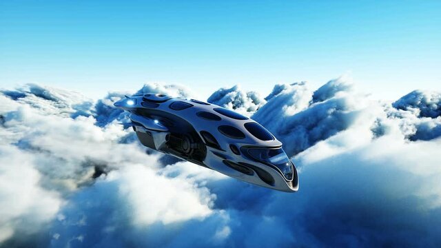 Futuristic sci fi ship flying in the clouds. Realistic 4k animation.