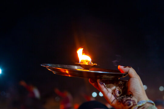 Arati fire during the ceremony in Rishikesh, India