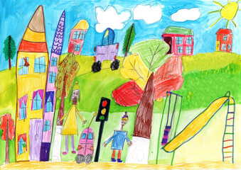Drawing of the buildings and cars. Happy family on a walk. Pencil art in childish style © strekalova