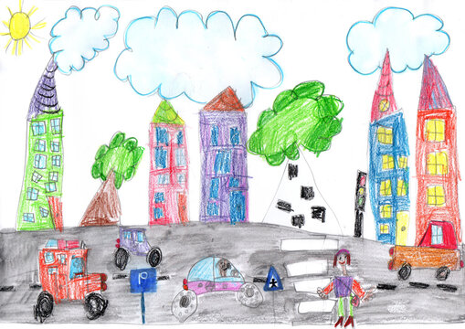 Drawing of the buildings and cars. Happy family on a walk. Pencil art in childish style