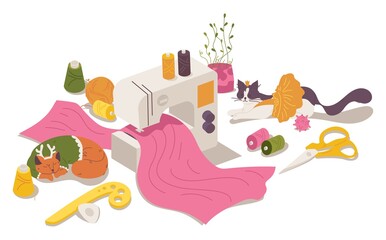 Concept scene of seamstress workplace with cats in clothes, greenery and sewing accessories items isolated on white. Cartoon interior scene