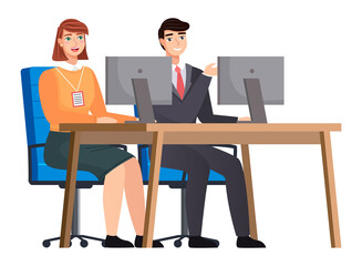 Office staff, work and communication. Head and subordinates. Various workers, managers team. Business employees on their workspace. Office workers. Co-workers. Colleagues discuss project teamwork