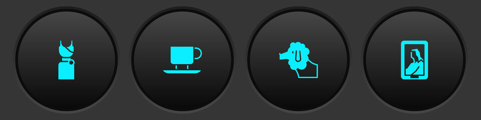 Set Woman dress, Coffee cup, Poodle dog and Portrait in museum icon. Vector.