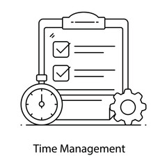 Fototapeta na wymiar Time management in flat outline conceptual icon, gear and clock with clipboard 