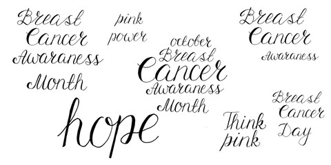  lettering set of inscriptions on the theme of breast cancer, contour, print for textile design, paper. raster copy