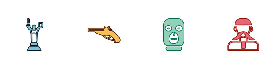 Set Mother Motherland monument, Vintage pistols, Thief mask and Ukrainian cossack icon. Vector.