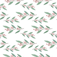 Seamless pattern with watercolor green twigs and red berries. Christmas, holiday, plant.