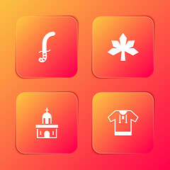 Set Medieval sword, Chestnut leaf, Church building and Embroidered shirt icon. Vector.