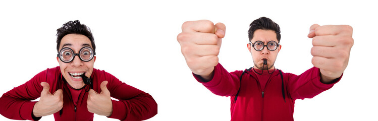 Funny sportsman with whistle isolated on white