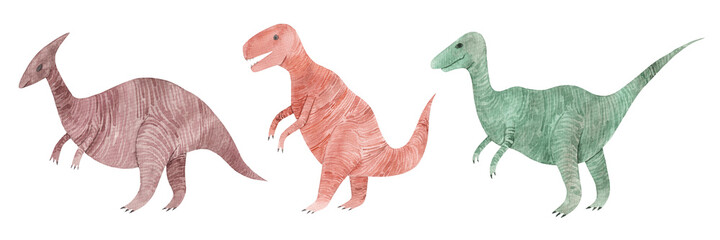 Set with watercolor dinosaurs isolated on white background. Cute dino illustrations for kids.