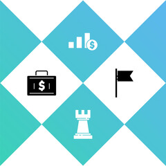 Set Briefcase and money, Chess, Pie chart dollar and Location marker icon. Vector.