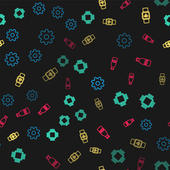 Set line Cogwheel gear settings, Processor with CPU, Smartwatch wireless and Glass bottle milk and cap on seamless pattern. Vector.