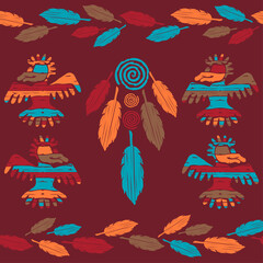 Eagle and feathers. The amulet. Native american indian accessories. Seamless pattern. Vector illustration for web design or print.