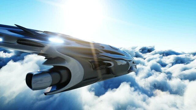Futuristic sci fi ship flying in the clouds. Realistic 4k animation.