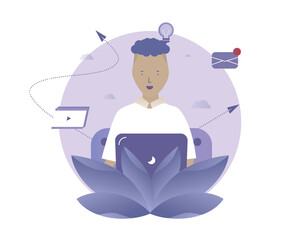 A man works at home online in his computer. Vector illustration with Web communication idea for telework, remote working and freelancing concept
