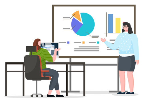 Woman sitting by table and working on computer. Manager and office worker have appointment about financial report. Analytics graph and diagrams on big board. Vector illustration in flat style