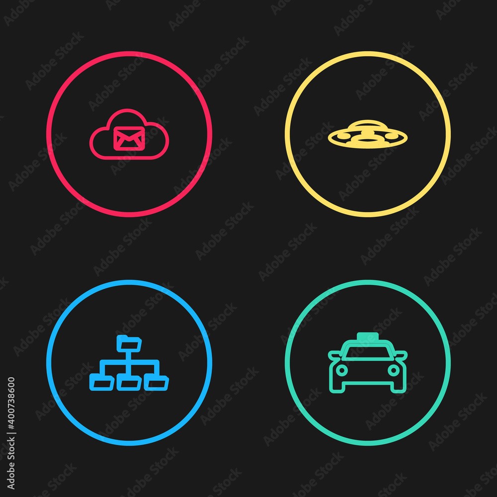 Poster set line folder tree, taxi car, ufo flying spaceship and cloud mail server icon. vector.