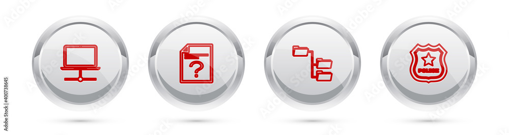 Poster set line computer network, unknown document, folder tree and police badge. silver circle button. vec