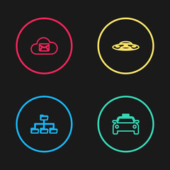 Set line Folder tree, Taxi car, UFO flying spaceship and Cloud mail server icon. Vector.