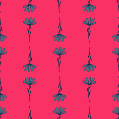 Daisy cute blue silhouettes seamless pattern. Bright pink background. Nature backdrop.
