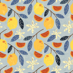 Lemon seamless pattern vector illustration. Summer design repeated textile with citrus fruits. Wallpaper printing background for boys and girls.