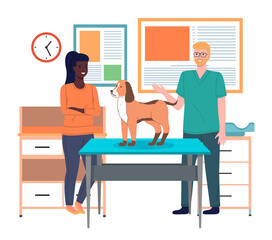 Veterinarian doctor holds dog on examination table. Pets health care in vet clinic. Domestic animals treatment concept. Veterinary professional consultation. Owner of dog communicates with doctor