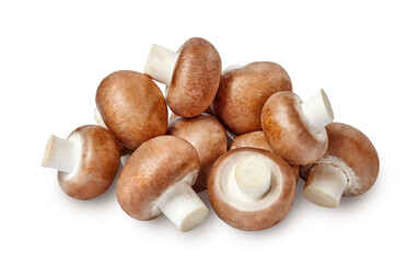 A heap of champignon mushrooms isolated on white background. Full depth of field.