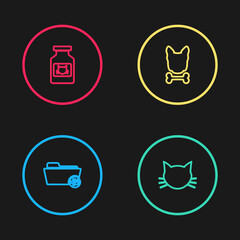 Set line Medical veterinary record folder, Cat, Dog and bone and medicine bottle icon. Vector.