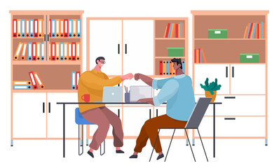 Business people shaking hands, reached agreement. Partnership and cooperation in business, happy businessmen made a good transaction. Partners on deal meeting at a table do handshake in flat design