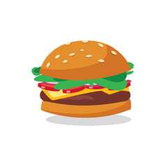 Delicious classic American hamburger with beef, meat, onion, lettuce, cheese, tomato and bread on white background isolated. Fast food concept. Vector illustration in cartoon flat style.
