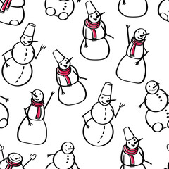 Doodle Snowmen Black and White Pattern. Snowy winter wallpaper.