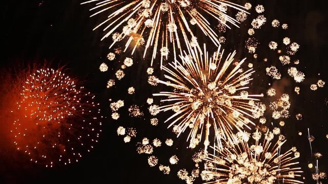 夜空に打ち上げられたカラフルな多数の花火