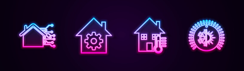 Set line Smart home, settings, House temperature and Thermostat. Glowing neon icon. Vector.