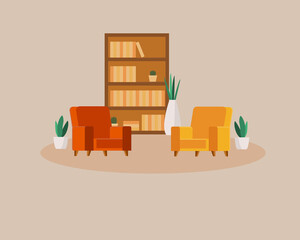 Living room interior with two colorful armchair ,plants and bookshelf for reading, relaxing and podcasting background. Vector flat illustration.