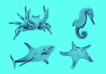 Set marine graphic animals. The crab, starfish, shark, sea horse consist of lines.Digital elements design  for business cards, invitations, gift cards, flyers and brochures, web.
