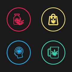 Set line Head in profile with marijuana, Cup tea, Shopping bag and Medical bottle icon. Vector.