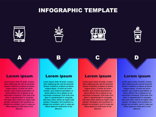 Set line Marijuana or cannabis seeds, plant in pot, Online buying marijuana and Cup coffee with. Business infographic template. Vector.