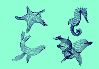 Set marine graphic animals. Vector illustration. The starfish, sea horse,  dolphin, seal consist of lines.Digital elements design  for business cards, invitations, gift cards, flyers and brochures 