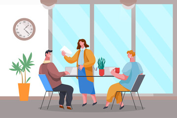 Business meeting and consideration of working issues. Friendly team work. Office workers discussing matters. Business people dressed in formal clothes in modern office interior with laptops talking