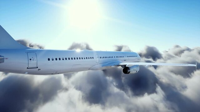 Passenger airbus flying in clouds. Plane. Realistic 4k animation.