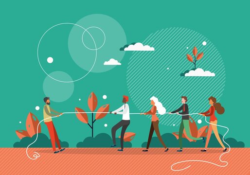 One against all concept vector illustration. One man pulls rope against many people. Competition and leadership in business. Man stand out from crowd. Tug of war competition