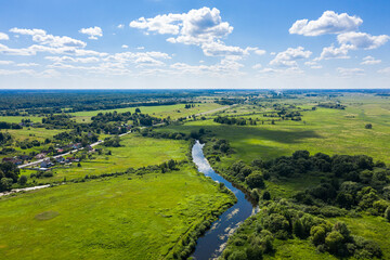 Aerial view of the river in the summertime in Kaliningrad area, Russia