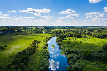 Aerial view of the river in the summertime in Kaliningrad area, Russia