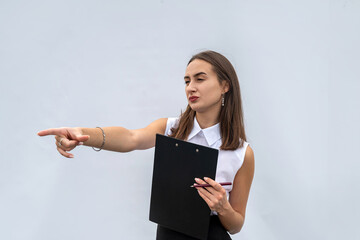 cheerful business woman with clipboard, isolated on white background