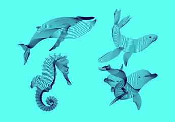 Set marine graphic animals. illustration. The whale,  dolphin, sea horse, seal consist of lines.Digital elements design  for business cards, invitations, gift cards, flyers and brochures, web.